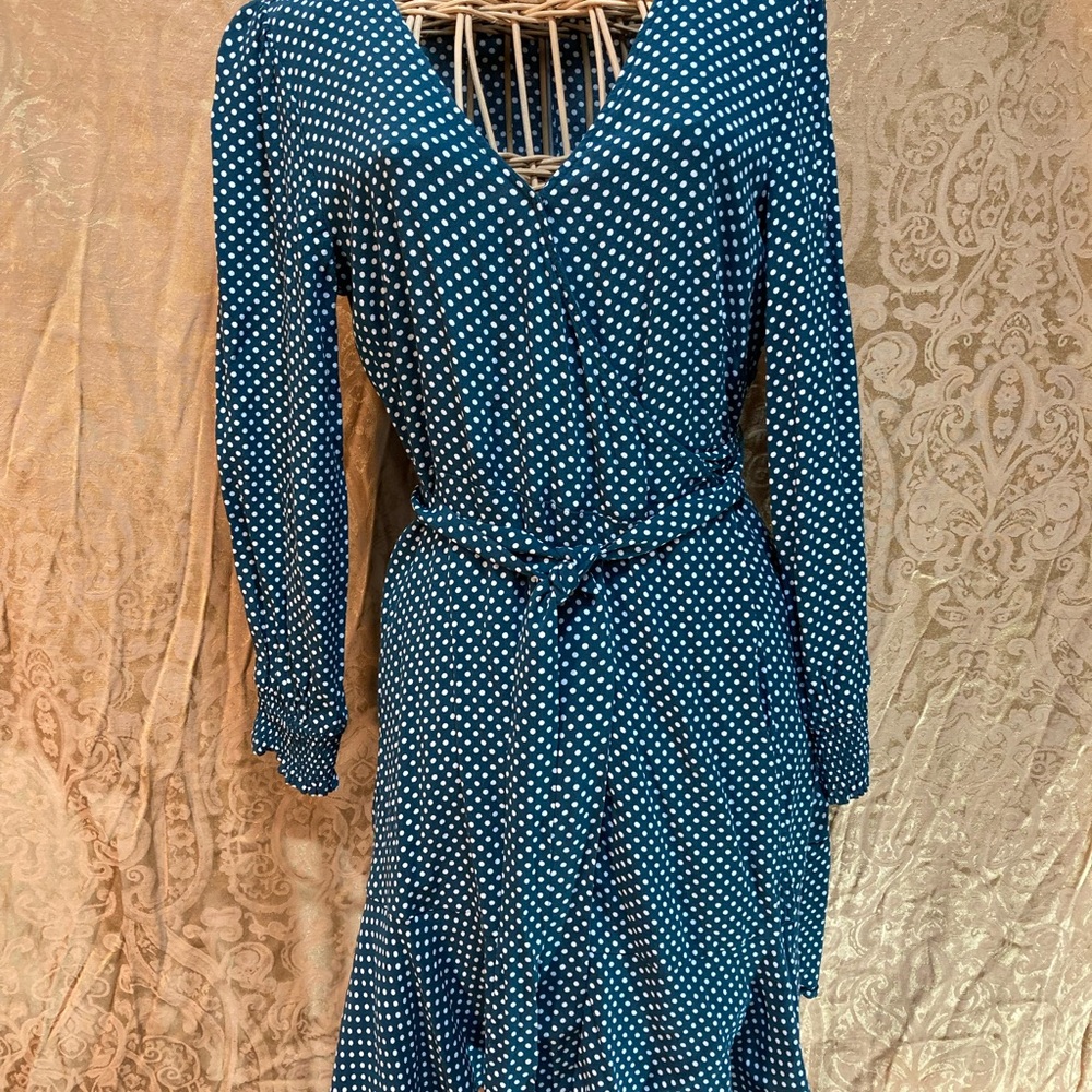 LOFT FOREST GREEN POLKA DOT 3/4 SLEEVE ELASTIC WRIST WRAP DRESS SIZE 6P